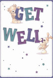 The cheerful illustration on this get well card mirrors the warmth and optimism found throughout Colindale, making it a perfect choice for sending heartfelt wishes to friends and family nearby. Two lovable companions-a plush, textured teddy bear and an exuberant puppy with silky, floppy ears-spring joyfully to life, each cradling and balancing bold, colourful 'Get Well' letters rendered in deep orchid purple and gentle teal. Sparkling stars in shades of blue, violet, and aqua dance across a soft cream backdrop, infusing the scene with a touch of magic reminiscent of twinkling lights by Colindale's Brent Reservoir. The detailed fur lines and the soft sheen in the characters' eyes imbue the card with a comforting presence, as if offering an affectionate embrace to anyone feeling under the weather. The overall mood, light and inviting, echoes the refreshing energy of a spring bouquet from Colindale Florist-a thoughtful pairing for this card. With every element carefully crafted, this card delivers a genuine message of kindness and hope, ready to brighten recovery days and bring a reassuring smile to homes and hospitals alike in Colindale.